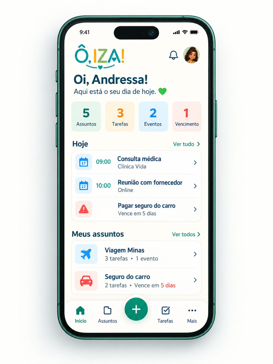 Painel da Oiza no celular com compromissos e assuntos da vida.
